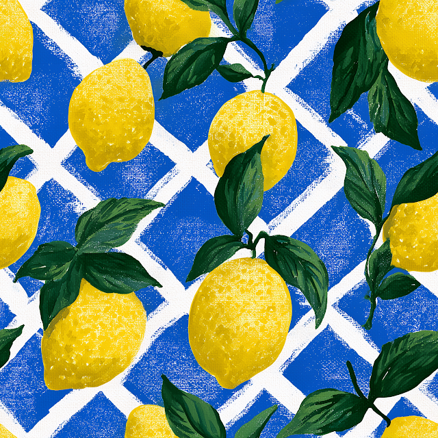 Seamless Watercolor Lemon and Grid Pattern