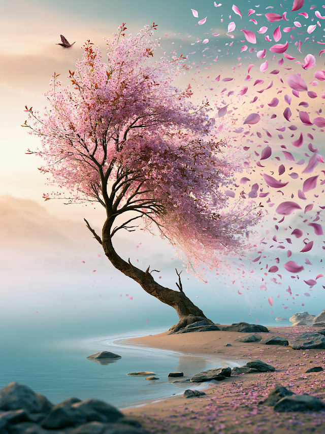 Serene Cherry Blossom Tree by a Tranquil Lake