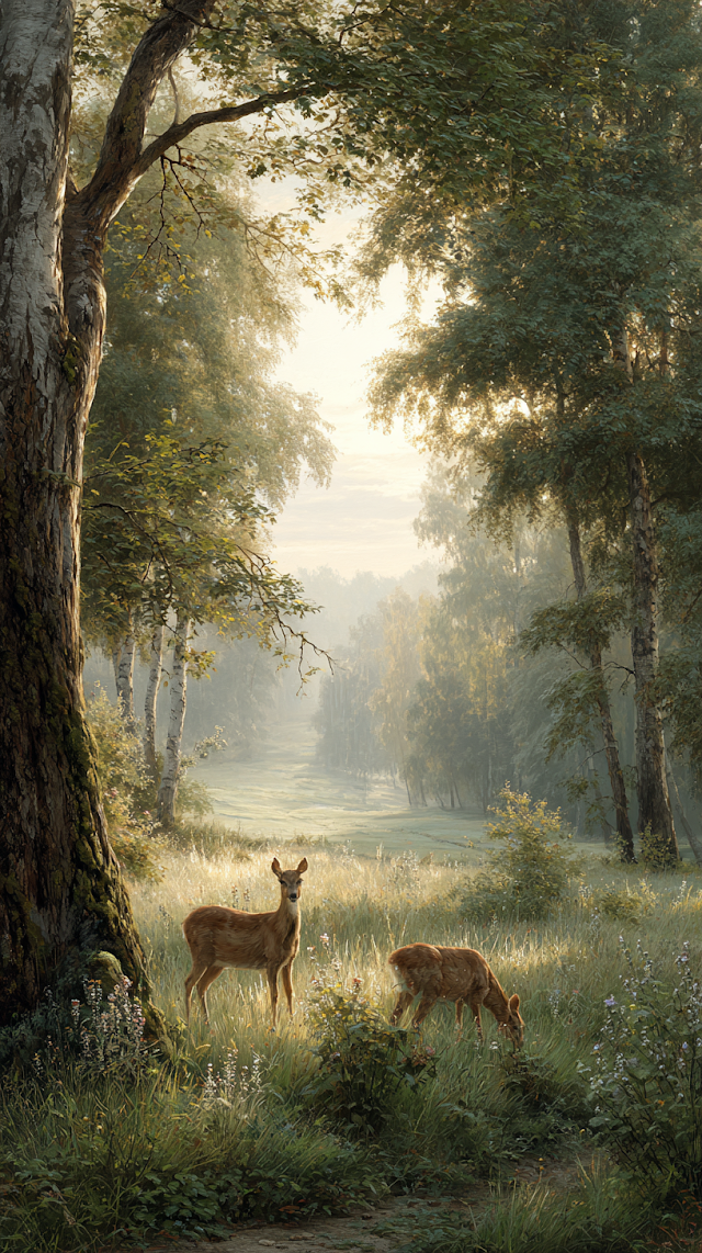 Serene Dawn in a Summer Meadow with Wild Deer