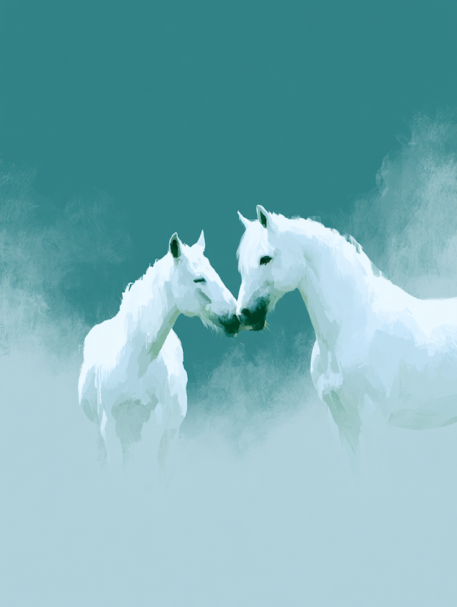 Serene Encounter: White Horses in Misty Landscape