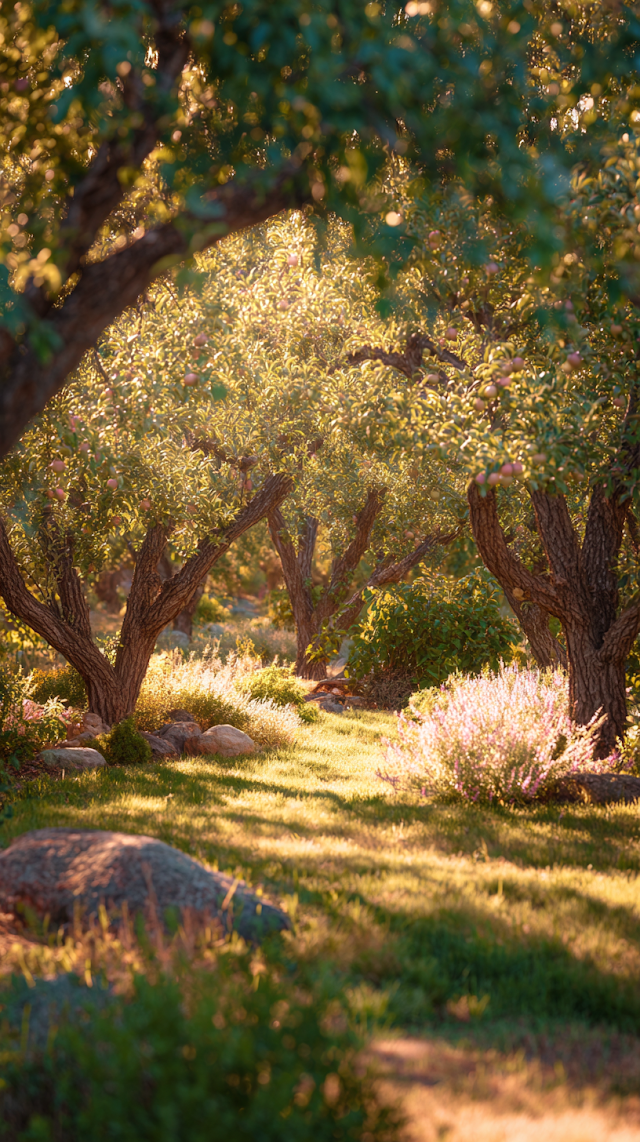 Serene Green Garden with Apple Trees