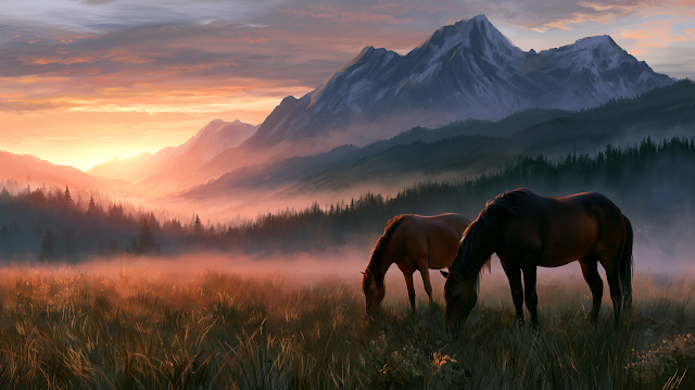 Serene Horses Grazing at Sunset
