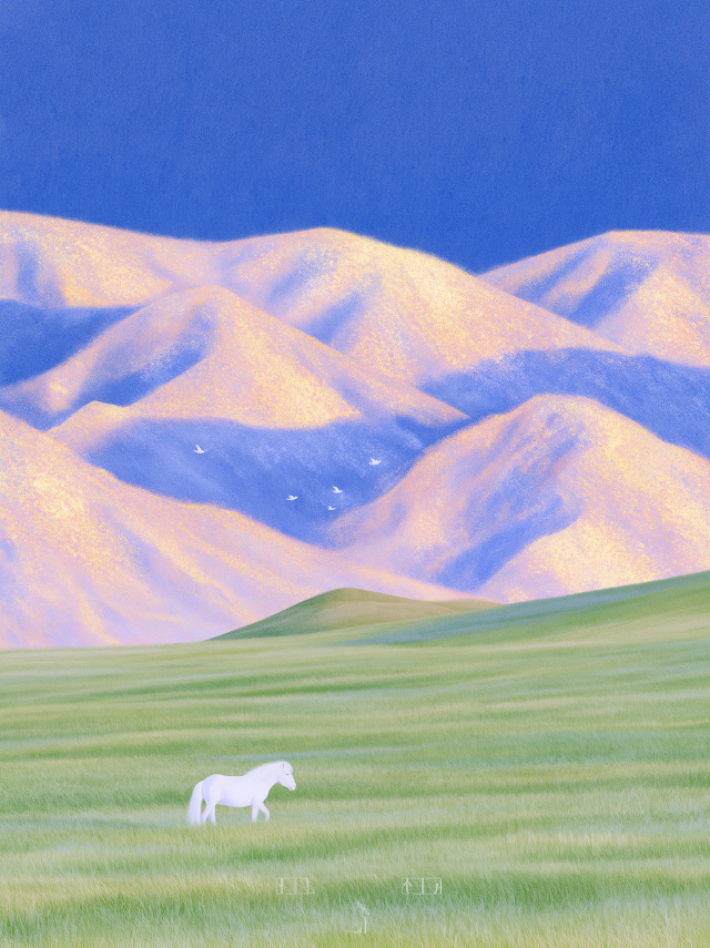 Serene Landscape with White Horse and Golden Mountains