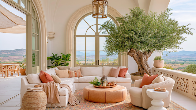 Serene Mediterranean Living Room with Olive Tree