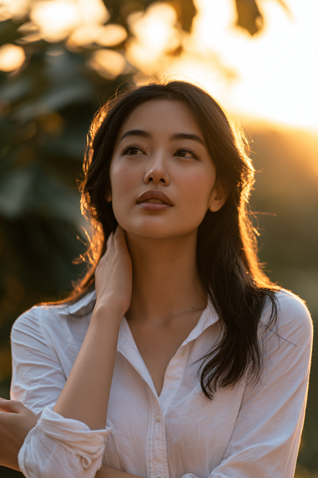 Serene Portrait of a Young Asian Woman in Golden Hour
