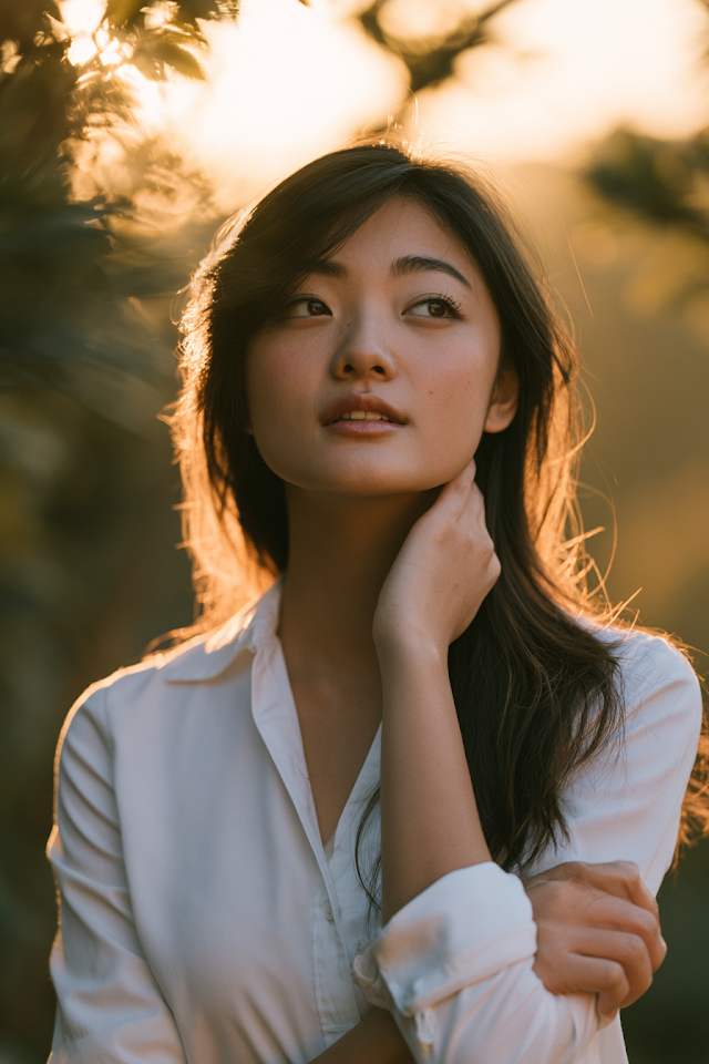 Serene Portrait of a Young Asian Woman in Golden Light