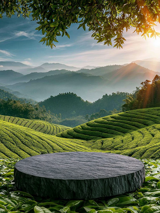 Serene Tea Plantation Landscape with Textured Pedestal