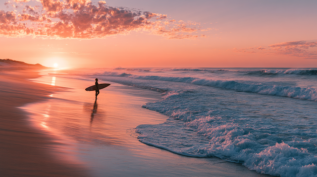 Serene Tropical Beach at Sunset with Surfer Silhouette