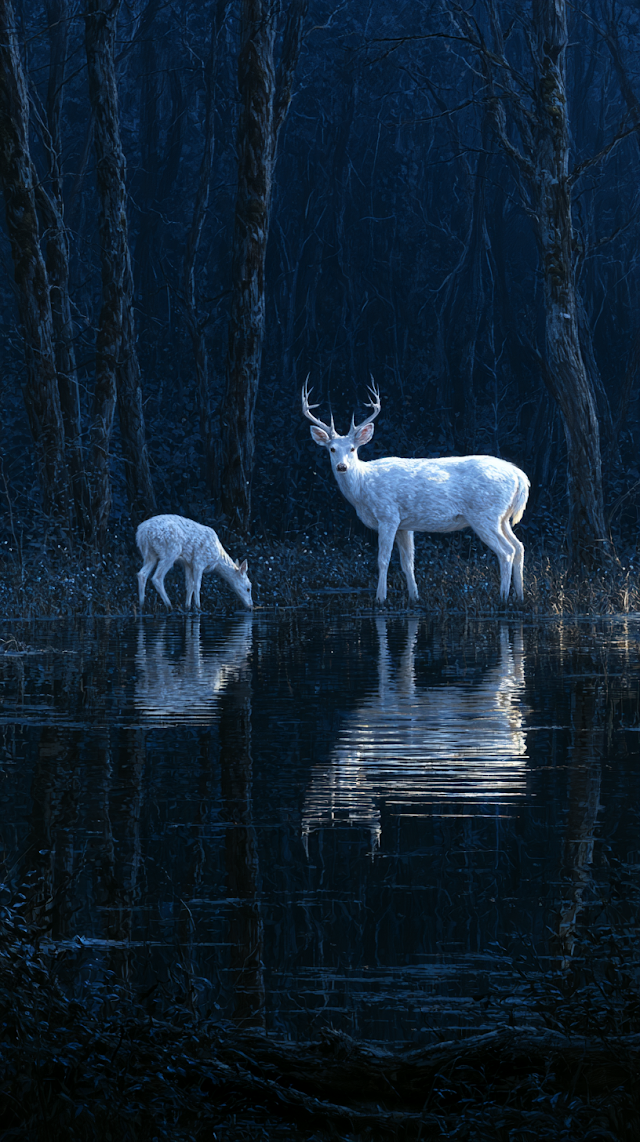 Serene White Bucks at Midnight Pond