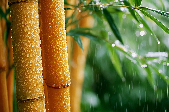 Serenity of Golden Bamboo in Rain