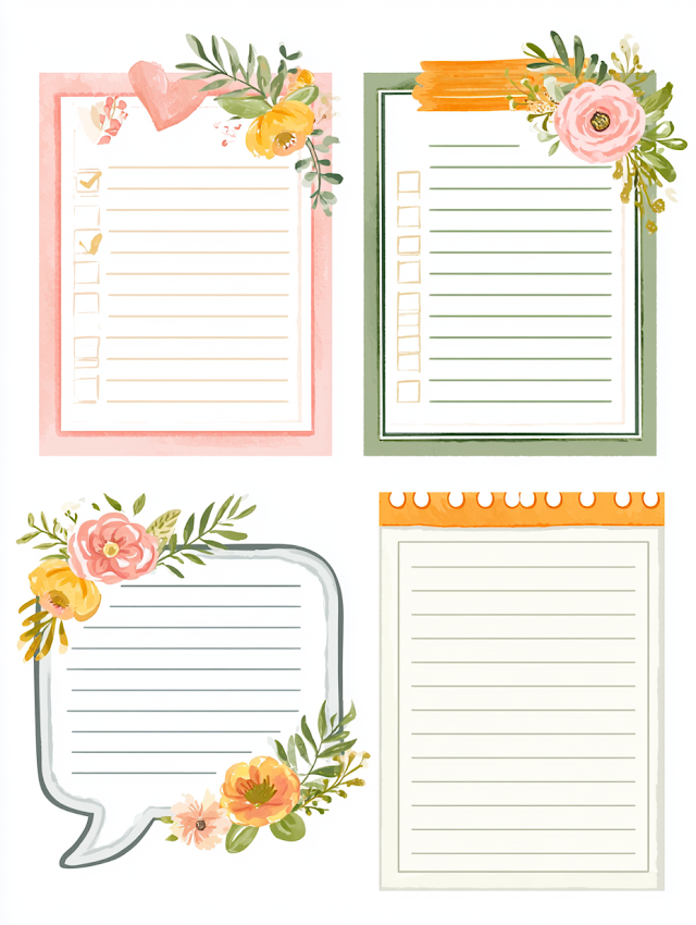 Set of Floral Watercolor Note Pages