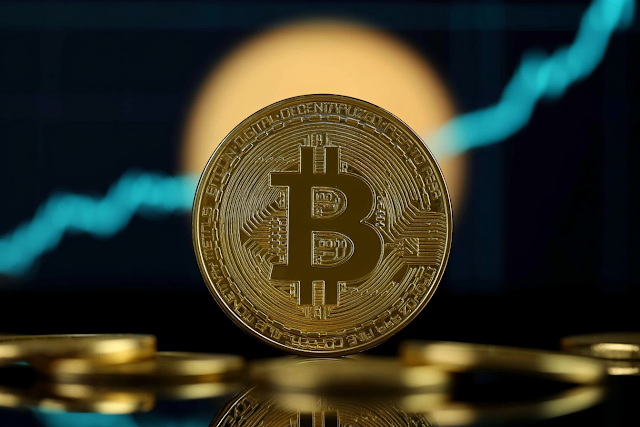 Shiny Gold Cryptocurrency Coin on Reflective Surface