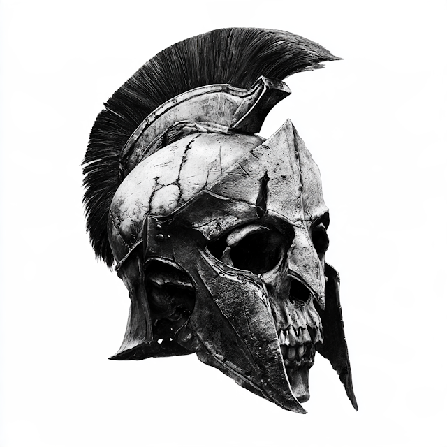 Skull with Spartan Helmet - High Contrast Black and White Art