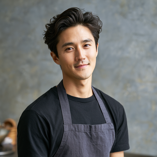 Smiling Asian Man Wearing an Apron