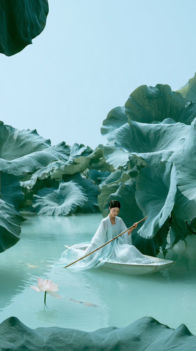 Solitary Figure in a Serene Lotus Landscape