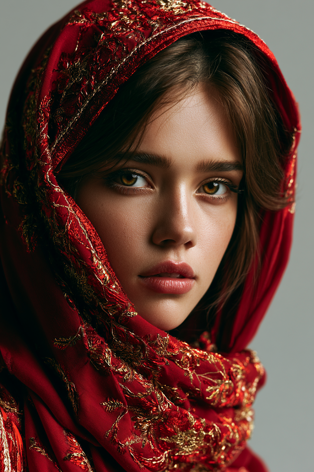 Stunning Woman in Embroidered Red Scarf