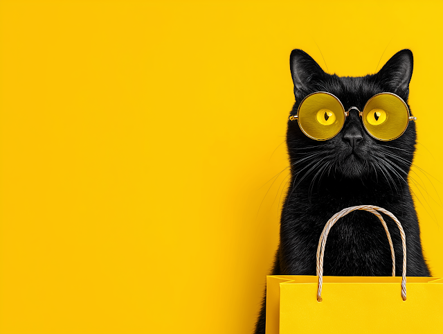 Stylish Black Cat with Yellow Sunglasses and Shopping Bag