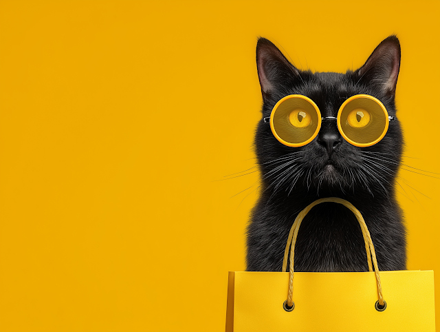 Stylish Black Cat with Yellow Sunglasses Shopping