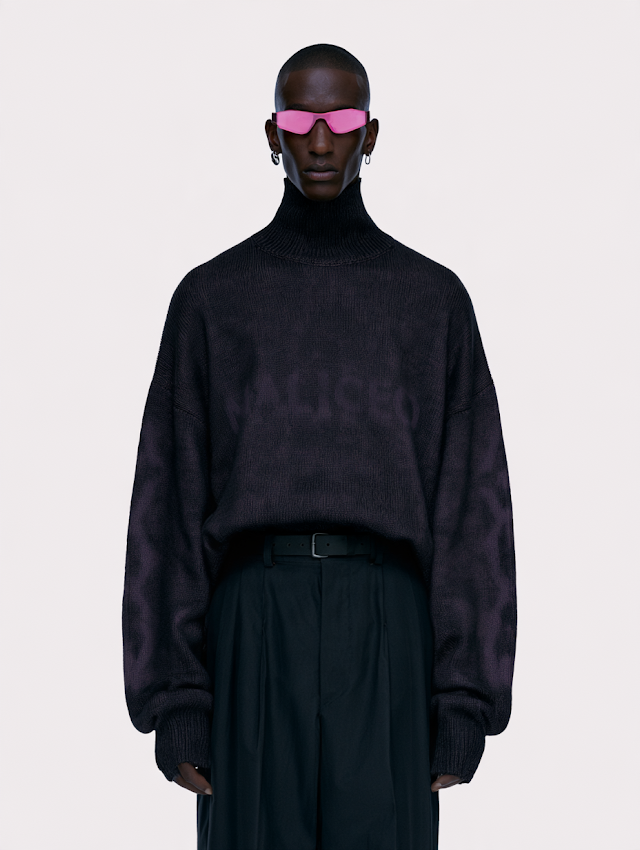 Stylish Black Turtleneck Sweater with 'MALICEO' Print