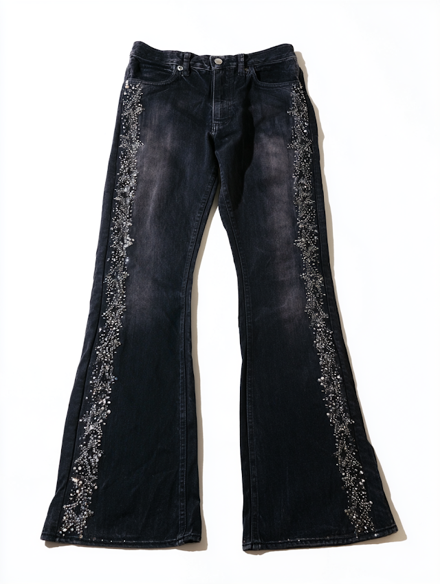 Stylish Black Wide Leg Jeans with Star Pattern and Rhinestone Detailing
