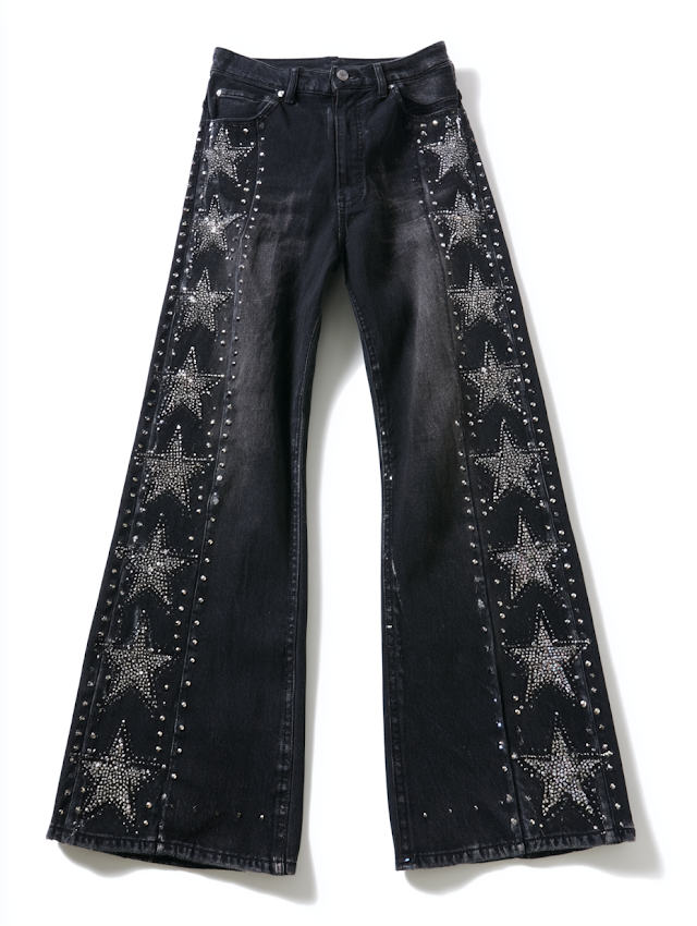 Stylish Black Wide Leg Jeans with Star Pattern and Rhinestones