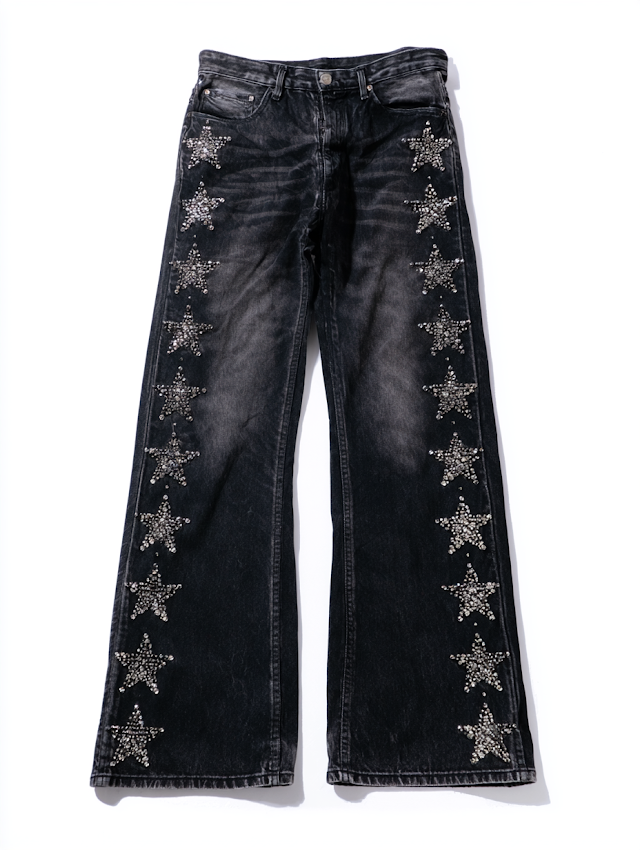 Stylish Black Wide Leg Jeans with Star Pattern and Stud Detailing