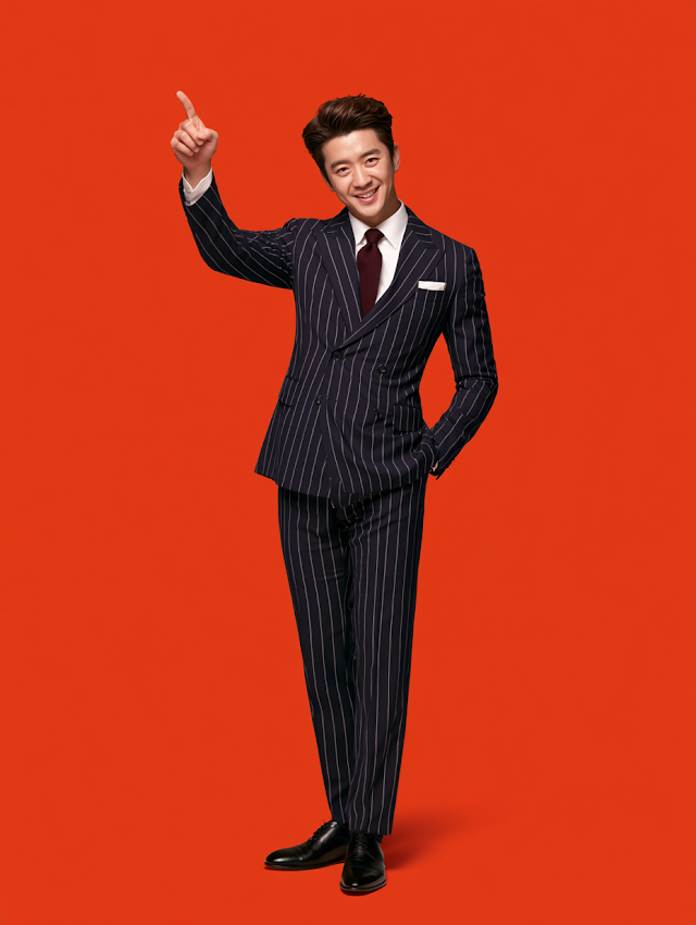 Stylish East Asian Man in Navy Pinstripe Suit