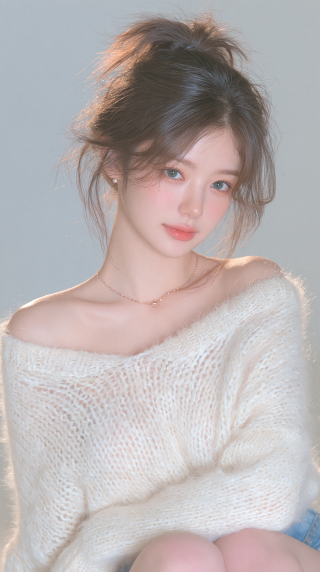 Stylish East Asian Woman in Chunky Knit Sweater