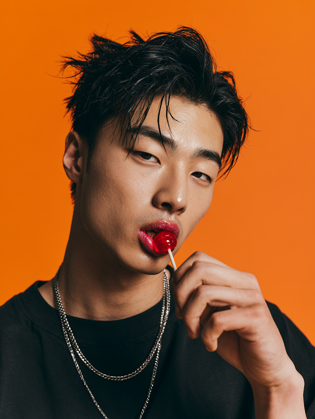Stylish Korean Male Model Portrait with Lollipop