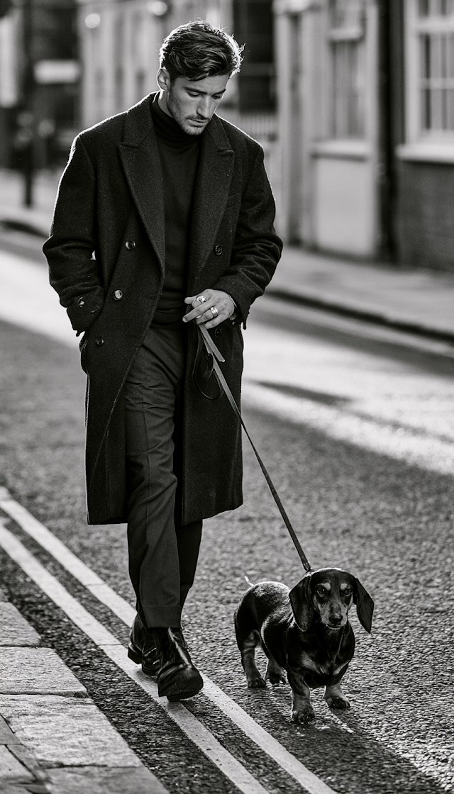 Stylish Male Model in Motion with Sausage Dog