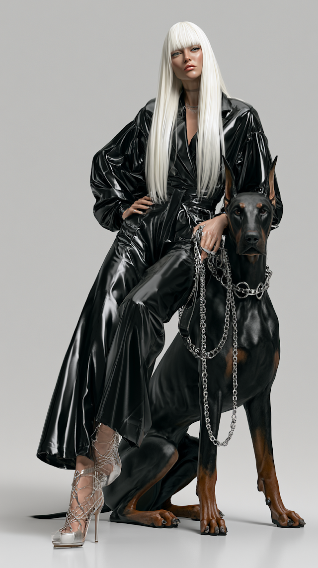 Stylish Woman in Lacquered Jumpsuit with Doberman