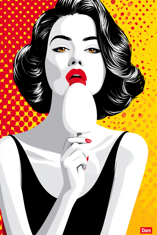 Stylish Woman Licking Ice Cream in Pop Art Style