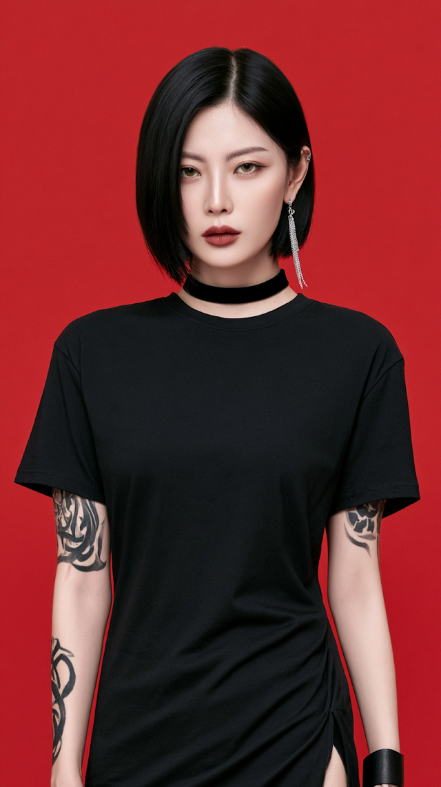 Stylish Young East Asian Woman in Black Dress