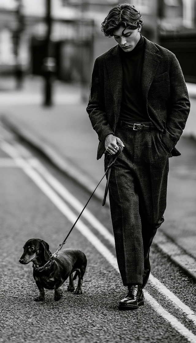 Stylish Young Male Model Walking with Sausage Dog