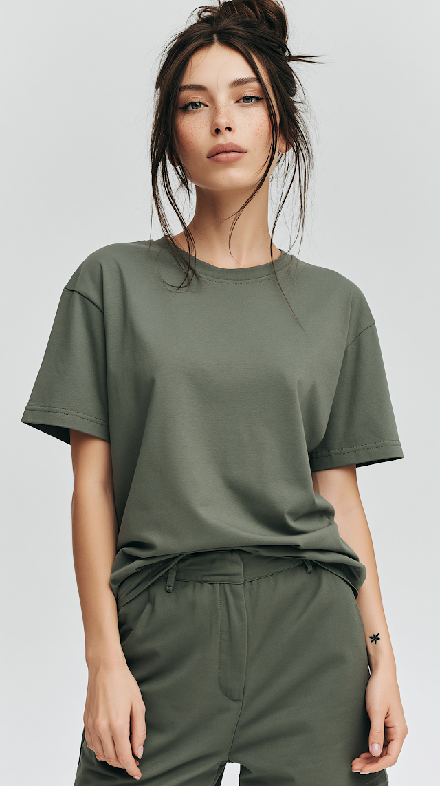 Stylish Young Woman in Oversized Olive T-Shirt