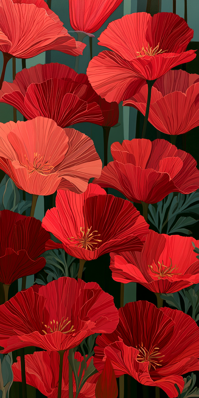 Stylized California Poppies in Reddish Tones