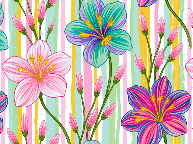 Stylized Colorful Flower Illustration on Striped Background