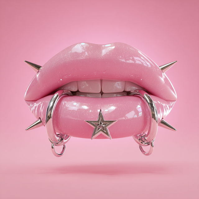 Stylized Lips with Piercings and Vibrant Background