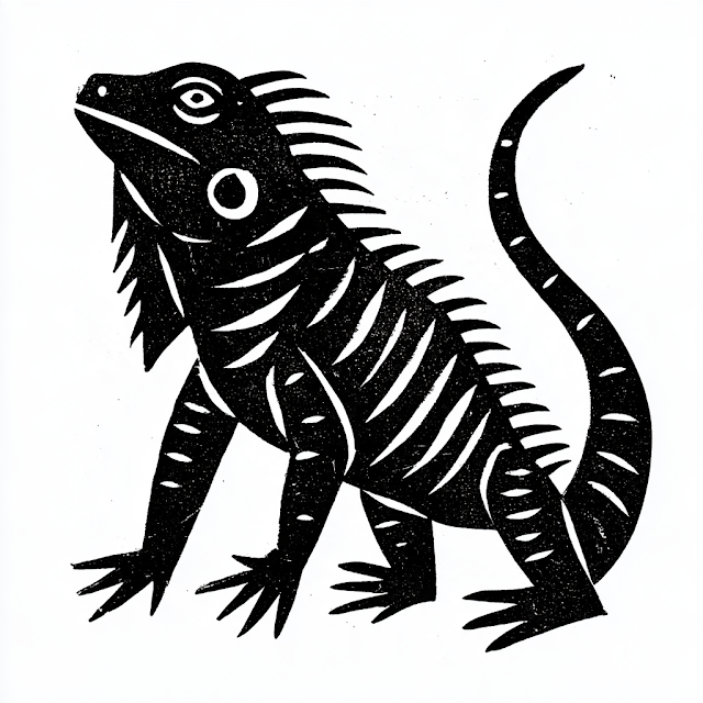 Stylized Minimalist Iguana in Scandinavian Block Print Style