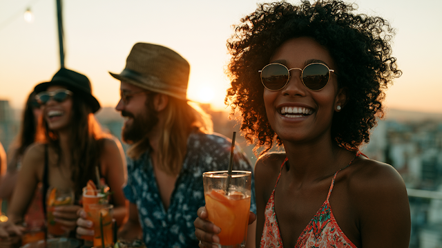 Summer Rooftop Party with Friends at Sunset