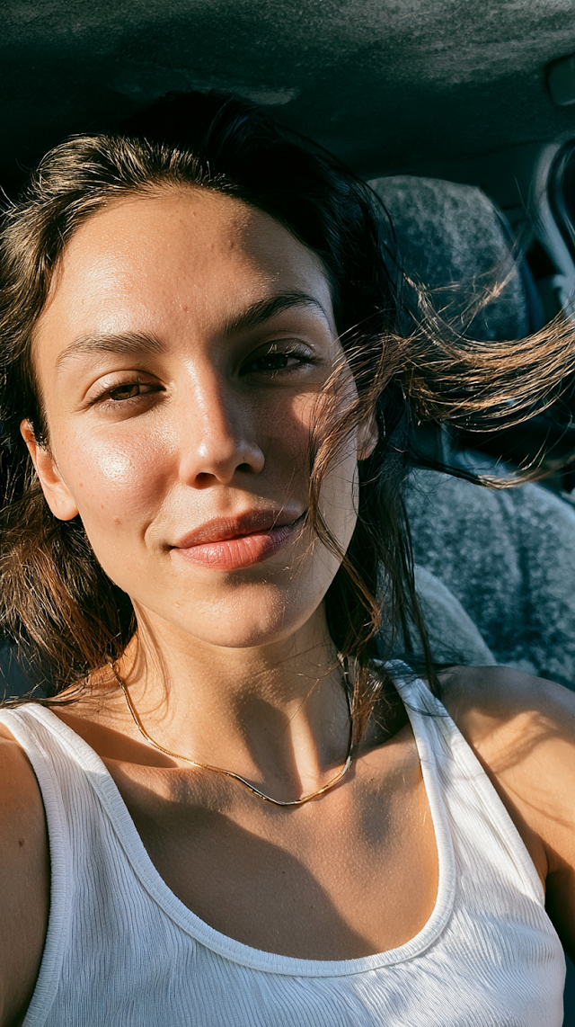 Sunlit Portrait of a Young Woman in a Car