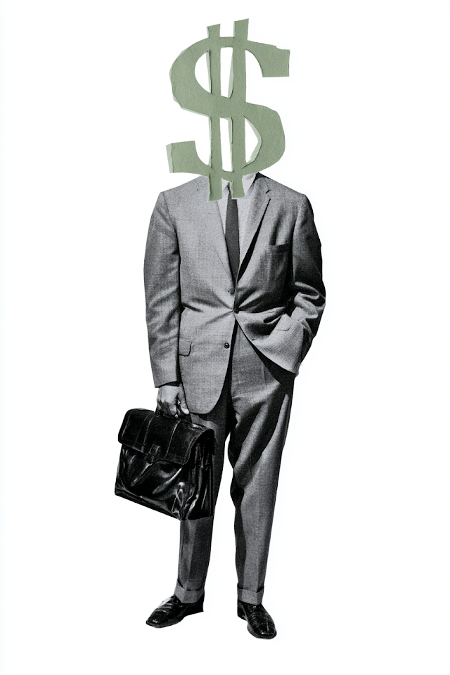Surreal Businessman Collage with Dollar Sign Head