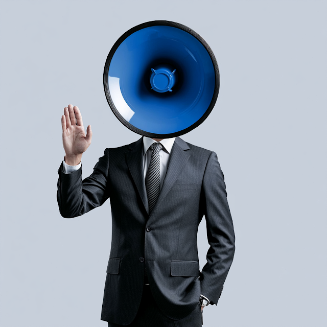 Surreal Businessman Portrait with Megaphone Head