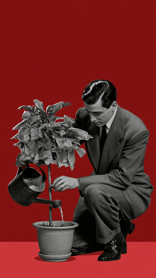 Surreal Financial Growth: Vintage Businessman with Money-Tree