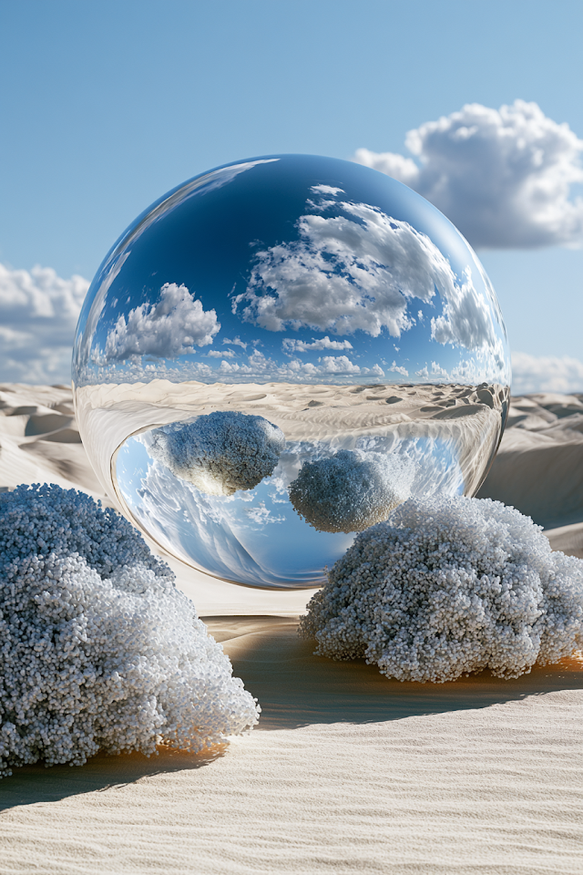 Surreal Glass Sphere in Dreamy Desert Landscape