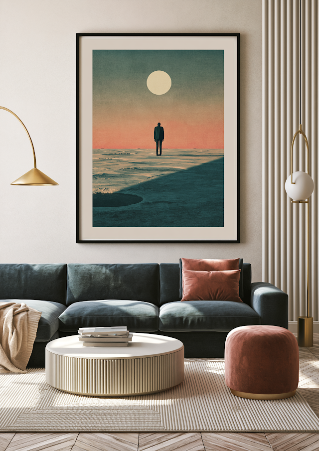 Surreal Minimalist Wall Art with Figure and Moon