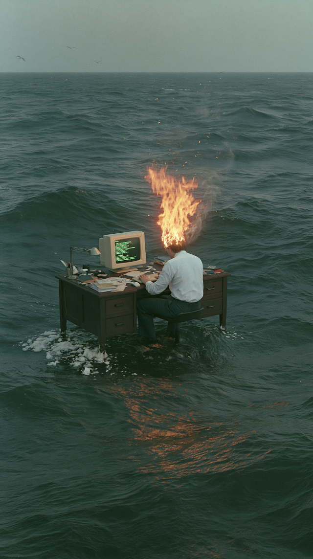 Surreal Office Scenery: Worker Surrounded by Ocean Flames