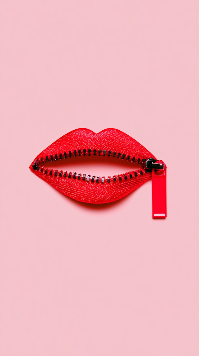 Surreal Red Zipper Lips on Pastel Pink Background