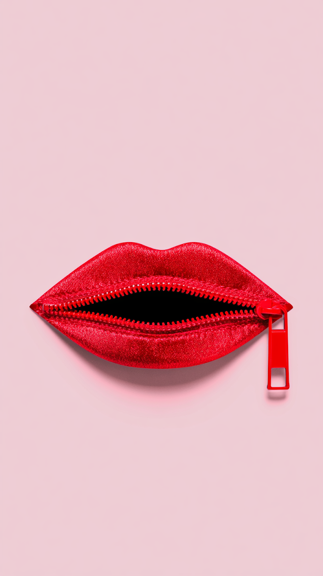 Surreal Red Zipper Lips on Pastel Pink Background