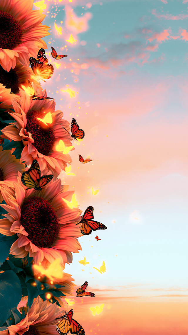Surreal Summer Landscape with Sunflowers and Butterflies